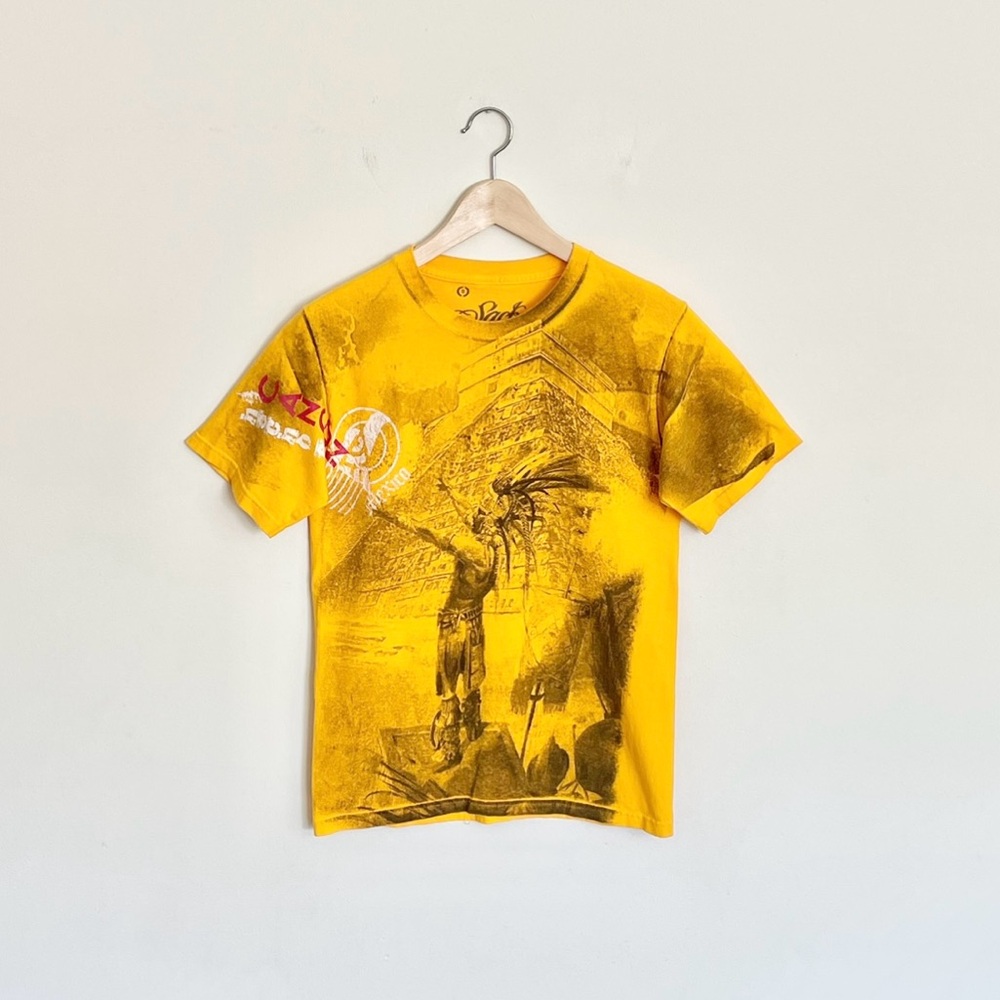 Vintage Y2K Sacbe Chichen Itza Mayan Shaman All Over Yellow T Shirt Adult S